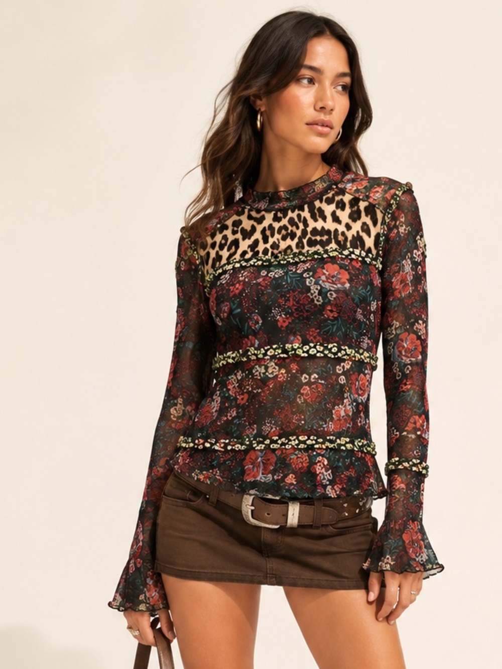 Scotch & Soda Le Jardin d’Apus Sheer Floral Top Bell Sleeve Sz S - Picture 2 of 14